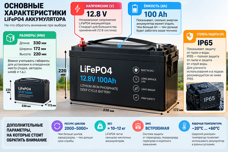 Аккумуляторная батарея с обозначенными основными характеристиками